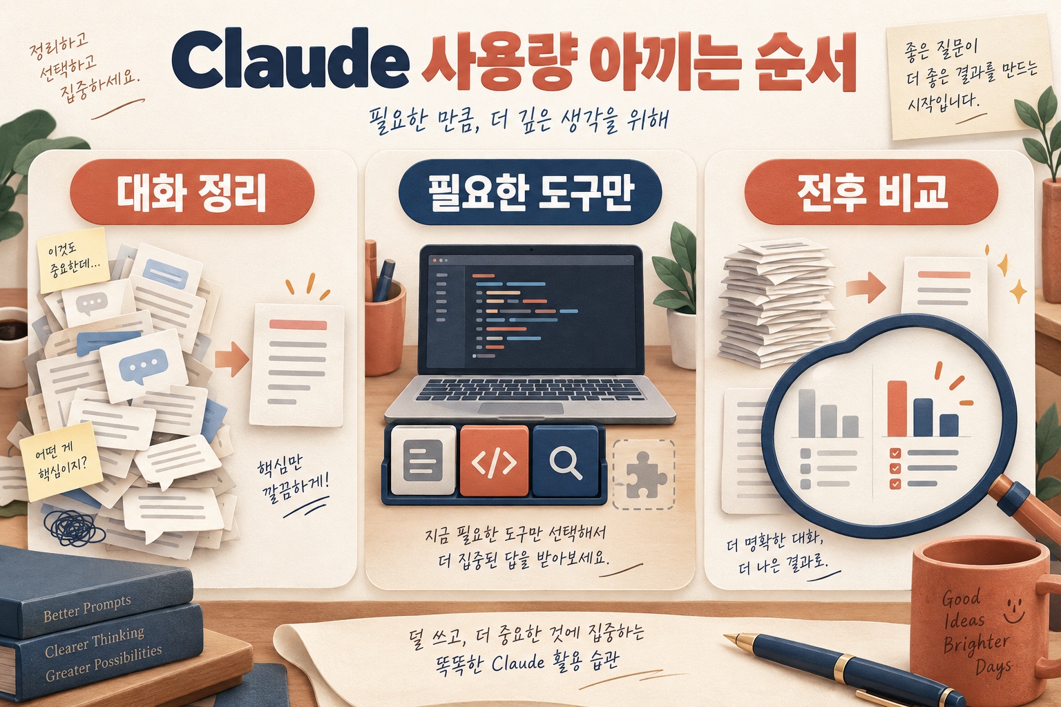 claude 사용량을 줄이는 요청 정리, 도구 선택, 전후 비교 흐름